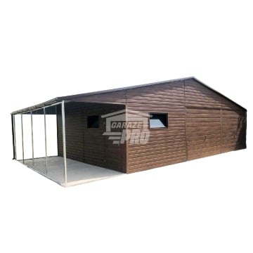 Garaż blaszany 9x6 + wiata 3x6 2x Brama + drzwi + 2x okno drewnopodobny Dach dwuspadowy GP135
