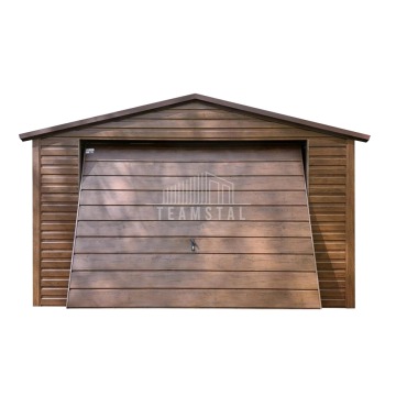 Wolnostojący Garaż Blaszany 4x6 Brama uchylna - Drewnopodobny ciemny orzech - Dwuspadowy TS89