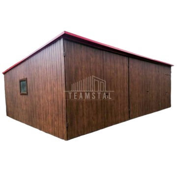 Wolnostojący Garaż Blaszany 8x6 2x Brama dwuskrzydłowa - drzwi - 2x okno - Drewnopodobny  TS130