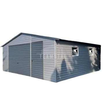 Wolnostojący Garaż Blaszany 6x7 Brama uchylna - drzwi - okna - Antracyt + Srebrny - Dwuspadowy TS137