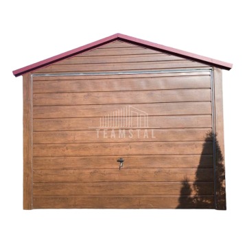 Wolnostojący Garaż Blaszany 3x6 Brama uchylna - Drewnopodobny ciemny orzech - Dwuspadowy TS142