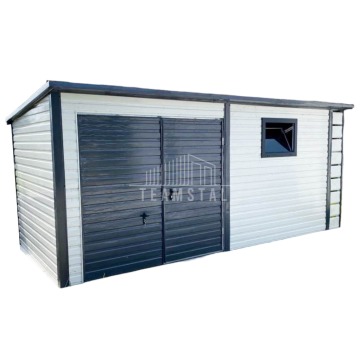 Wolnostojący Garaż Blaszany 6x3 Brama uchylna - drzwi - okno - Antracyt + Biały - Schowek TS184