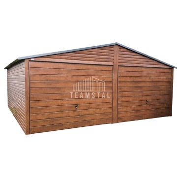 Garaż Blaszany 6m x 5m -  Drewnopodobny 2x Brama uchylna - profil Zamknięty TS210 6x5