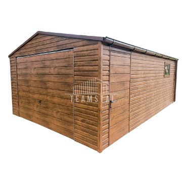 Garaż Blaszany 4m x 6m -  Drewnopodobny Brama uchylna - dodatkowe drzwi + okno PCV TS211 4x6