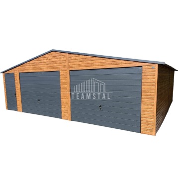 Garaż Blaszany 8m x 7m dwuspad - 2x Brama + drzwi - antracyt - drewnopodobny TS256 8x7