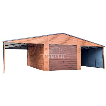 Garaż Blaszany 6,5m x 6m + 3m. wiata - poziom - dwuspad 2x Brama + drzwi + 2x okno - TS262 6,5x6