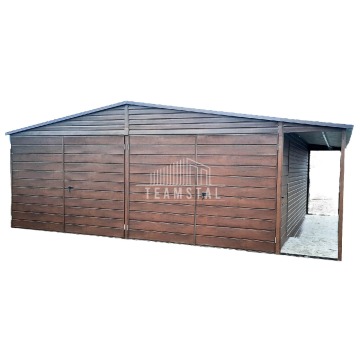 Garaż Blaszany 6m x 5,8m + wiata - dwuspad - 2x Brama + drzwi - drewnopodobny TS273 6x5,8