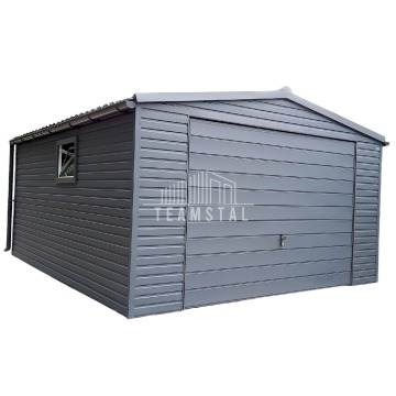 Garaż Blaszany 5m x 6m poziom - dwuspad - Brama uchylna + drzwi + 2x okno - antracyt grafit TS290  5