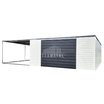 Garaż Blaszany 6m x 6m - wiata - spad tył - Brama uchylna + drzwi - czarny + biały TS299  6x6