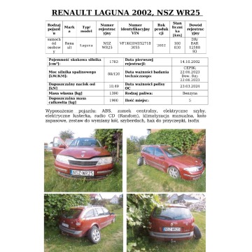 Syndyk sprzeda samochód osobowy Renault Laguna rok prod. 2002