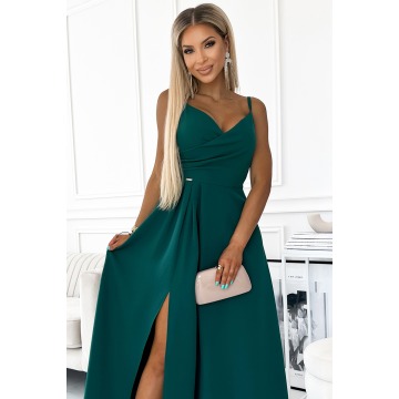 Maxi sukienka na ramiączkach z kopertowym dekoltem - zielona