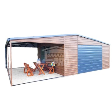 Garaż blaszany 5x5 + wiata  Brama - drzwi - rynny - okno drewnopodobny  jasny orzech Dach dwuspadowy