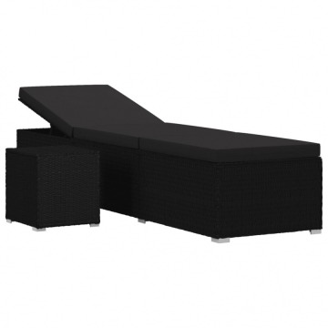 Leżak z poduszką i stolikiem, polirattan, czarny