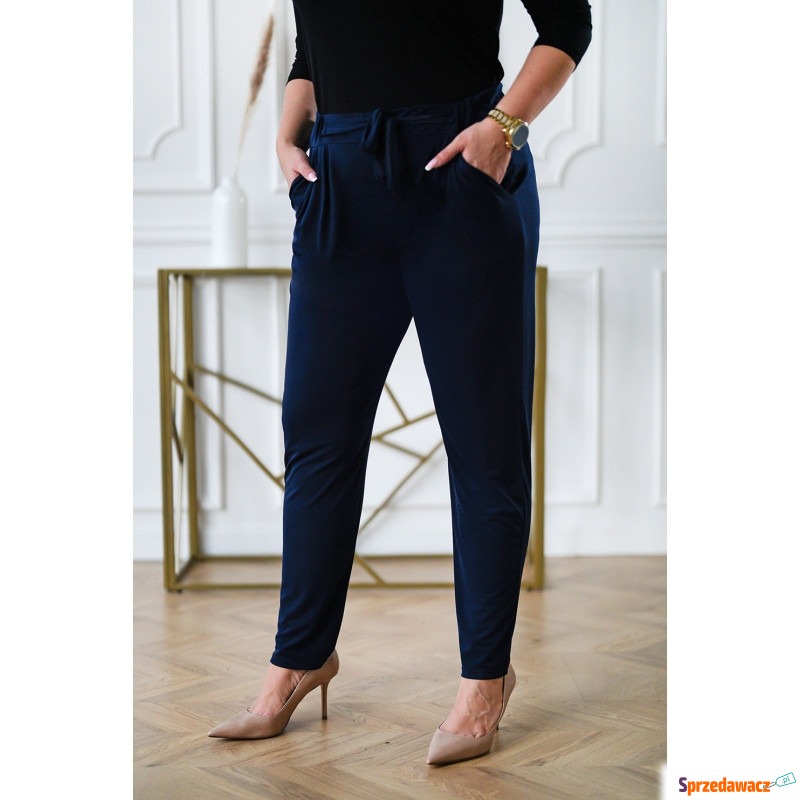 Granatowe wiskozowe spodnie z gumką i wiązaniem... - Spodnie, legginsy - Toruń
