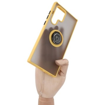 Etui z uchwytem na palec Bizon Case Hybrid Ring do Galaxy S22 Ultra, przydymione z żółtą ramką