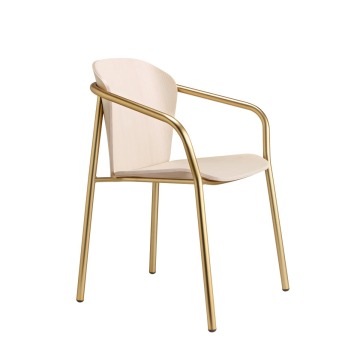 Krzesło Finn metal wood z podłokietnikiem - matowe złoto