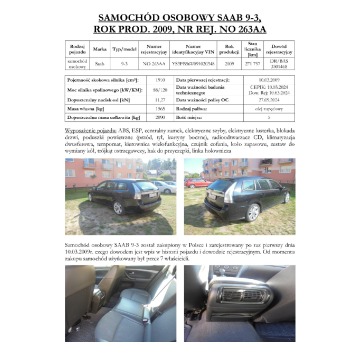 Syndyk sprzeda samochód osobowy Saab 9-3, rok. prod. 2009