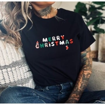 damska czarna koszulka na święta merry christmas