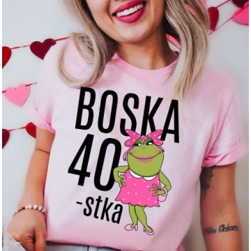 damska koszulka na 40 urodziny boska 40 z żabą - kolor różowy