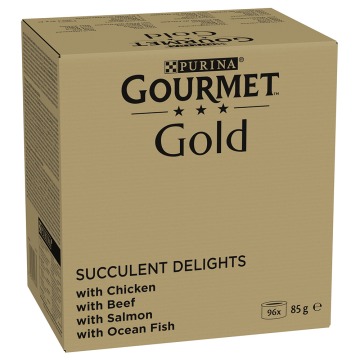Jumbopack Gourmet Gold, soczyste kawałeczki, 96 x 85 g - Kurczak, ryba morska, wołowina, łosoś