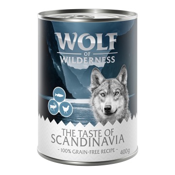 Korzystny pakiet Wolf of Wilderness Adult, 24 x 400 g - The Taste Of Scandinavia, renifer, łosoś, ku