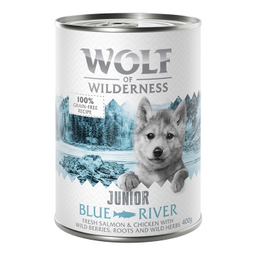 5 + 1 gratis! Wolf of Wilderness, karma mokra, 6 x 400 g  - Junior, Blue River, kurczak i łosoś