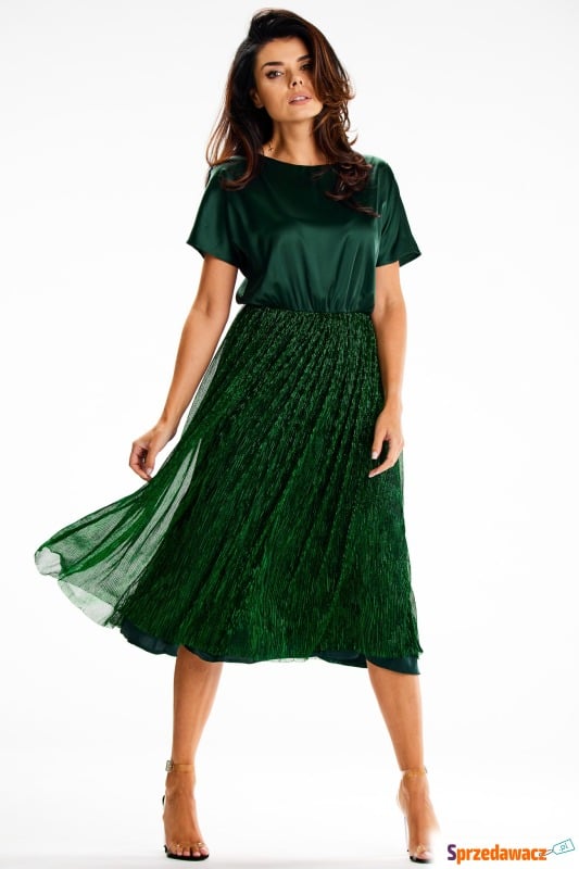 Zielona rozkloszowana sukienka midi z siatkowym... - Sukienki - Grodzisk Mazowiecki