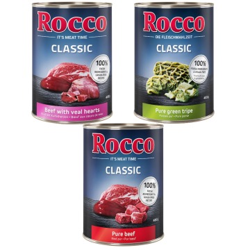 Megapakiet Rocco Classic, 24 x 400 g - Mix wołowy: Czysta wołowina, Wołowina/Serca cielęce, Wołowina