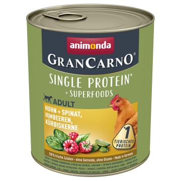 Megapakiet animonda GranCarno Adult Superfoods, 24 x 800 g - Kurczak, szpinak, maliny i pestki dyni