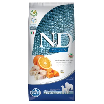 Farmina N&D Ocean Medium & Maxi bez zbóż, dorsz z dynią i pomarańczą - 2 x 12 kg