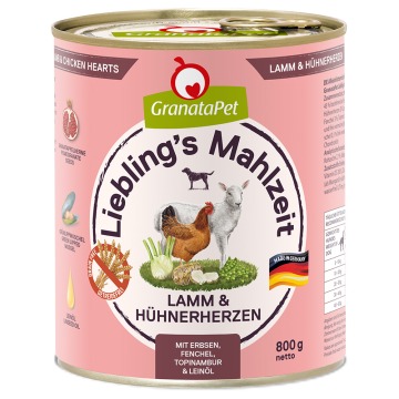 Pakiet GranataPet Liebling's Mahlzeit, 12 x 800 g - Jagnięcina i serca drobiowe