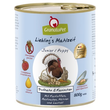 Pakiet GranataPet Liebling's Mahlzeit, 12 x 800 g - Junior, indyk i królik z ziemniakami, pasternaki