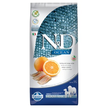 Farmina N&D Ocean Adult Medium & Maxi bez zbóż, śledź z dynią i pomarańczą - 2 x 12 kg