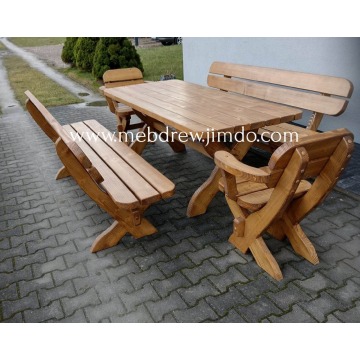 Meble drewniane ogrodowe na taras patio stół ławki fotele zestaw
