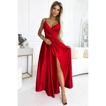 Satynowa sukienka z dekoltem i rozcięciem - czerwona