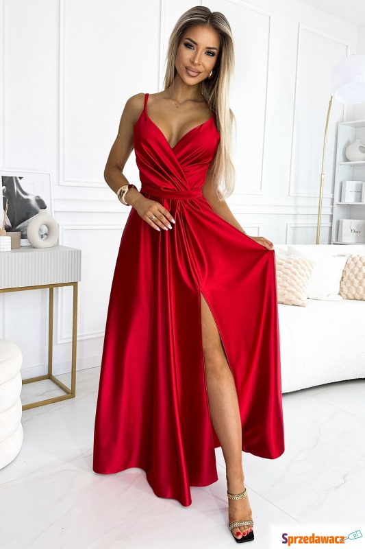 Satynowa sukienka z dekoltem i rozcięciem - czerwona - Sukienki - Nowy Sącz