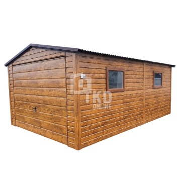 Garaż Blaszany 3,5x6 Brama - Antracyt + jasny orzech - drewnopodobny - dach dwuspadowy TKD82