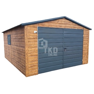 Garaż Blaszany 4x5 Brama - okno PCV - Jasny orzech - Drewnopodobny - dach dwuspadowy TKD88