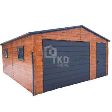 Garaż Blaszany 5x5 Brama - drzwi - 2x okno - jasny orzech + Antracyt - TKD90