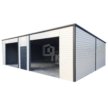 Garaż Blaszany 8x6 - 2x otwór pod bramę - drzwi - Biały + Antracyt - dach spad w tył TKD103
