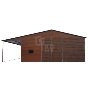 Hala - Garaż Blaszany 6x8 + wiata - 2x Brama - okno - drzwi rynny - Brązowy - dach dwuspadowy TKD105