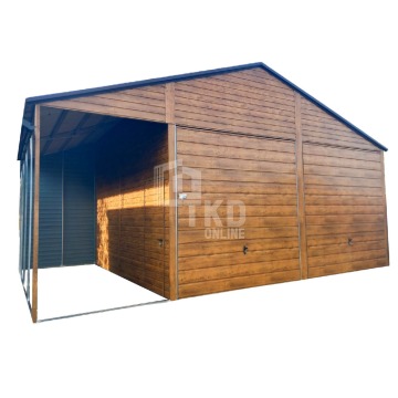 Garaż Blaszany 6x5 + wiata - 2x Brama drzwi jasny orzech - drewnopodobny TKD119