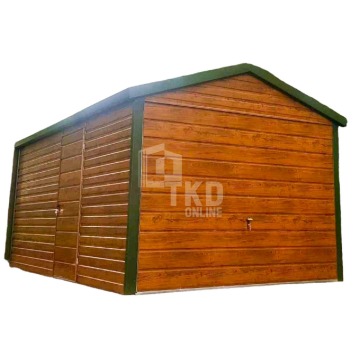 Garaż blaszany - 3x5 - brama uchylna - drzwi - Jasny orzech + zielony TKD134