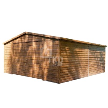 Garaż Blaszany 5x5 Brama uchylna - jasny orzech - drewnopodobny - drzwi - dach dwuspadowy TKD141