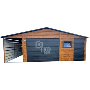 Garaż Blaszany 5x6 + wiata 1,5x6 Brama - okno - drzwi - Antracyt orzech TKD147