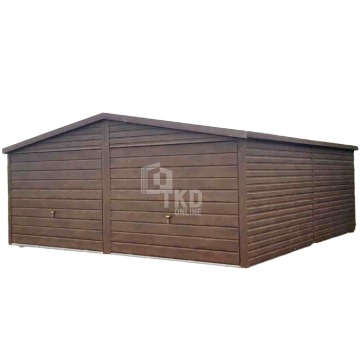 Garaż Blaszany 6x6 - 2x Brama ciemny orzech drewnopodobny dach dwuspadowy TKD149