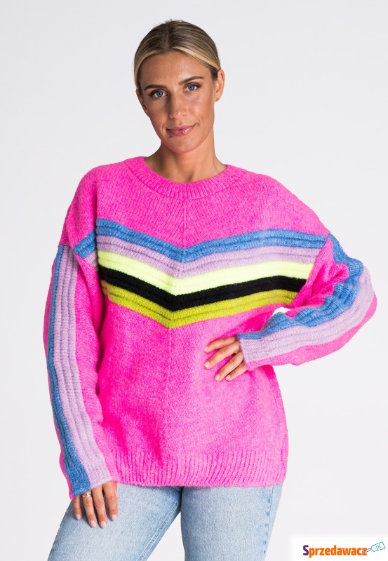 Różowy nowoczesny oversizowy sweter w paski - Swetry, golfy, kamizelki - Inowrocław