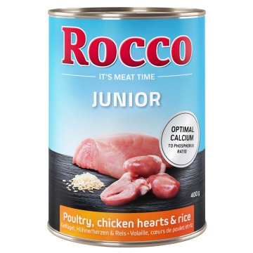 Megapakiet Rocco Junior, 24 x 400 g - Drób i serca kurze z ryżem