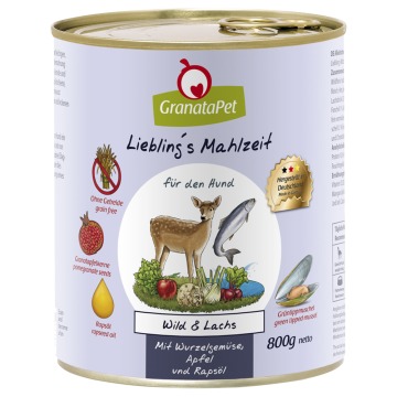 Pakiet GranataPet Liebling's Mahlzeit, 12 x 800 g - Dziczyzna i łosoś z warzywami korzeniowymi, kopr