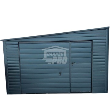 Garaż Blaszany 4x6 - Brama uchylna - Drzwi - Antracyt - dach Spad w bok GP252